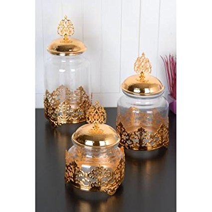 Set of 3 Canister Set, Candy Buffet, Ceramic Cookie Jar, Pot, Jars, Container, Canister Set, Gifts for Mothers, Gift, Gold Colored Glass Jar