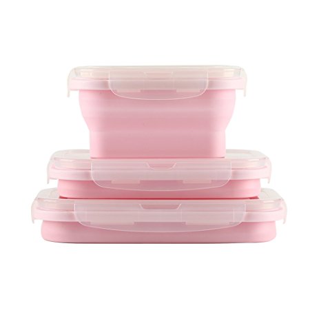 kaIsan Silicone Food Storage Container with Lid BPA Free,Lunch Box Containers Meal Prep Collapsible Saving Space Lightweight, Microwave Freezer and Dishwasher Safe(Small Medium Large size 3pieces)pink