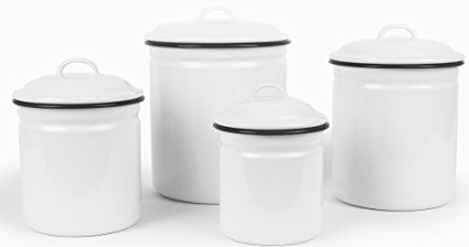 Enamelware 4 Piece Canister Set - Solid White with Black Rim