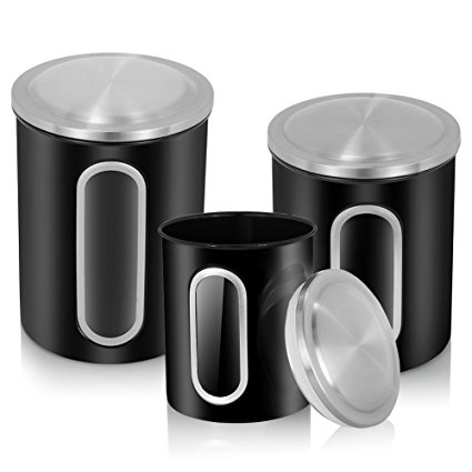 MLO E-CO Canisters Sets for Tea Coffee Sugar Food Canisters with Airtight Lids, 3-Piece Set (Black)