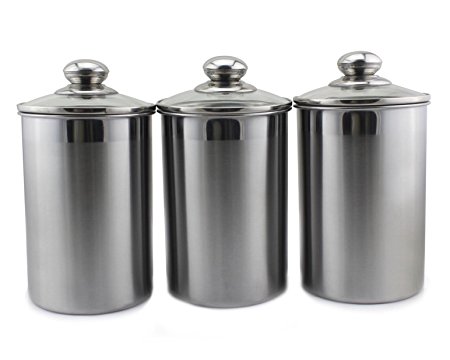 Stainless Steel Canister Set With Glass Lids. Elegantly Designed. Perfect for Kitchen storage, Tea, Coffee, Sugar, Rice, Beans, pasta - 3 Piece set Large Sized 64oz (1.9L) Each.