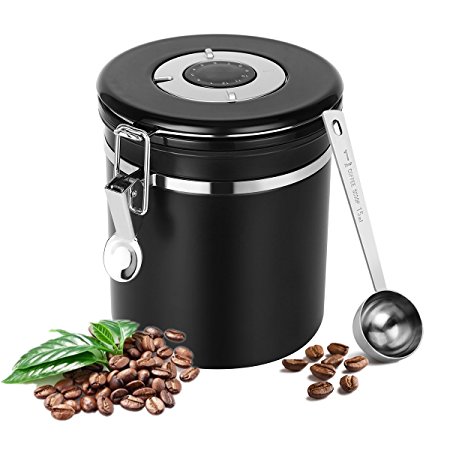 Coffee Container 16 oz, Airtight Seal Coffee Canister Stainless Steel with co2 Valve, Built-in Freshness Calendar Food Storage Container Great for Ground or Coffee Beans FREE SCOOP(Black)