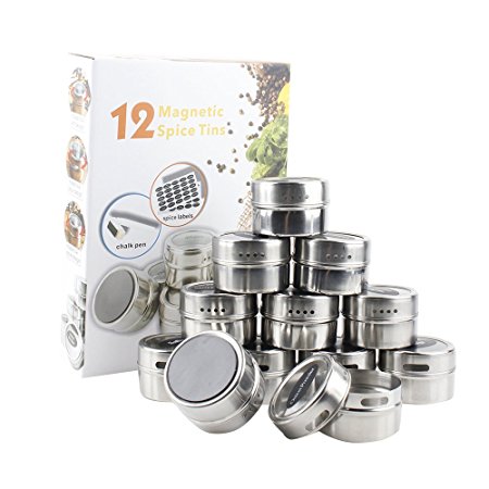 12 Magnetic Spice Tins that stick on Fridge or Grill, with Clear Top, Sift & Pour Design. Includes 150 Spice Labels & Chalk Pen for Custom Mix of Spices/ Herbs.