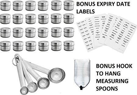 Stainless Steel Magnetic Spice Tins + BONUS 45 Expiry Date Labels and Stainless Steel Adhesive Hook for 4 Stainless Steel Measuring Spoons + 151 Spice Labels (24 Pack)