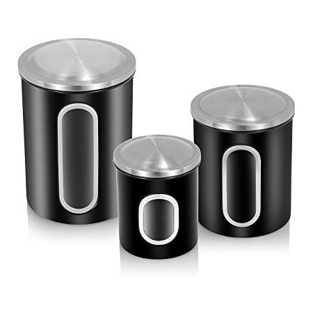 Kitchen Canisters, Food Storage Canisters Set with Anti-Fingerprint Lid and Visible Window, Stainless Steel Kitchen Canister Set of 3 (Black)