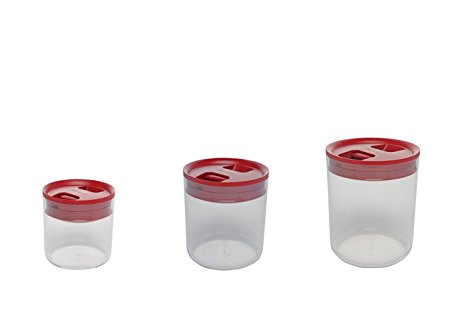 Click Clack Pantry Canisters with Red Lids, 0.6-Quart, 1.6-Quart and 3.3-Quart, Set of 3