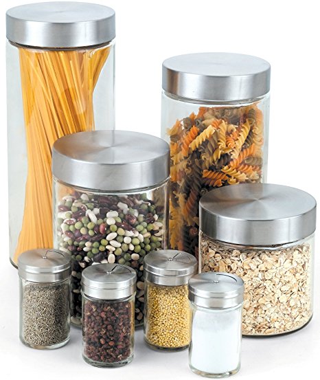 Cook N Home 8-Piece Glass Canister and Spice Jar Set with Lids, Round Sides, Clear