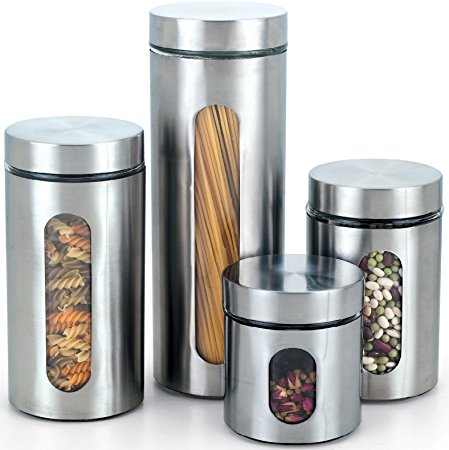 Cook N Home Glass Canister with Stainless Window Set, 4-Piece