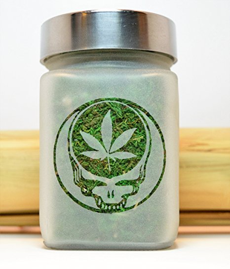 Twisted420Glass Steal Your Face with Pot Leaf Grateful Dead Etched Glass Stash Jar & Herb Storage