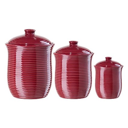 Oggi Red Ribbed Ceramic Food Storage Canisters, Set of 3