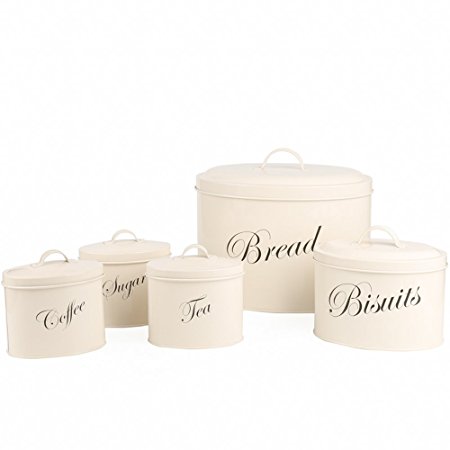 Hot Sale X321 Cream White Set of 5 Metal Food Tin Canister/Bread Bin/Container/Box/Set