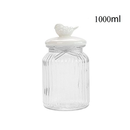 Huayoung Lovely Candy Cans Multipurpose Storage Bottle Cookie Jar- Clear Glass Bottle with Cute Animal Ceramic Lids (1000ml, Bird)