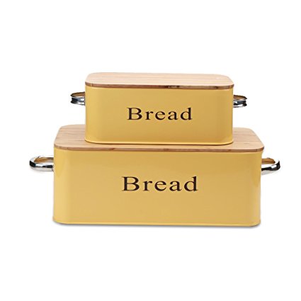 Yellow Vintage X559 Set of 2 Metal kitchen Storage Tin Canister/Home Gifts/Bread box/Bin/Container With Bamboo Lid