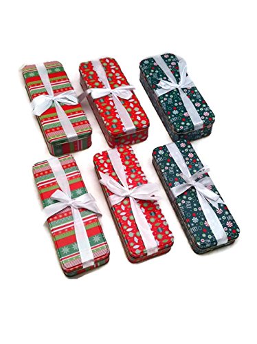 Set of 6 Nesting Rectangular Christmas Holiday Tins with Ribbon in 3 Designs