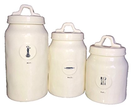 Rae Dunn by Magenta Ceramic Icon Canister Set, Mix, Roll, Eat 3-piece Set