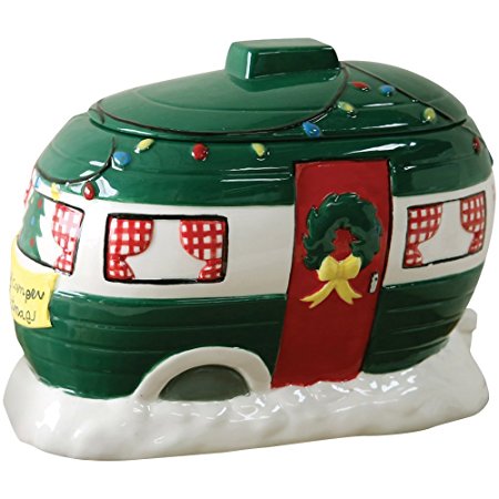Decorative Retro Happy Camper Christmas Holiday Themed Ceramic Cookie Jar