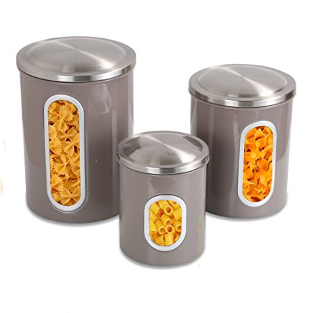 Canister Set, Food Storage Canisters Set with Anti-Fingerprint Lid and Visible Window, Stainless Steel Kitchen Canister set of 3 (Warm Gray)