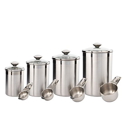 SilverOnyx Canister Set Stainless Steel - Beautiful Canister Sets for Kitchen Counter, 8-Piece Medium Sized with Glass Lids and Measuring Cups - Tea Coffee Sugar Flour Canisters - 8pc Glass Lids