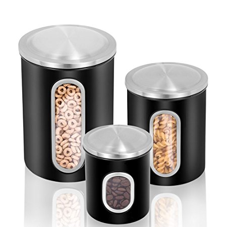 Fortune Candy Kitchen Airtight Storage Cans Stainless Steel Canisters Set of 3 Pieces (Black)