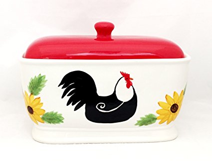 Tuscany White Red Sunflower Rooster Hand Painted Ceramic BreadBox/ Toast Jar, 86875 by ACK