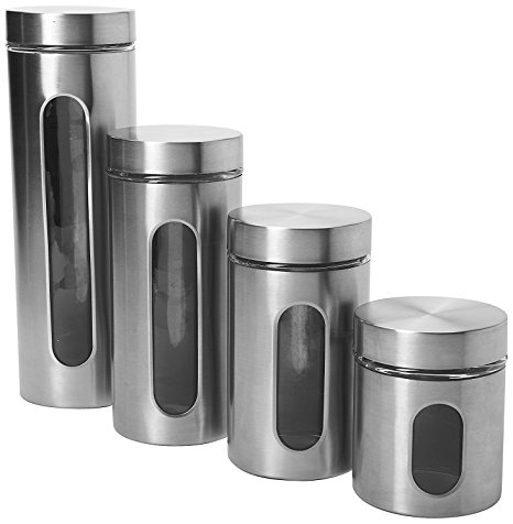 Anchor Hocking Palladian Glass and Stainless Steel Canister Set with Airtight Lids, Brushed Stainless Steel, 4-Piece Set