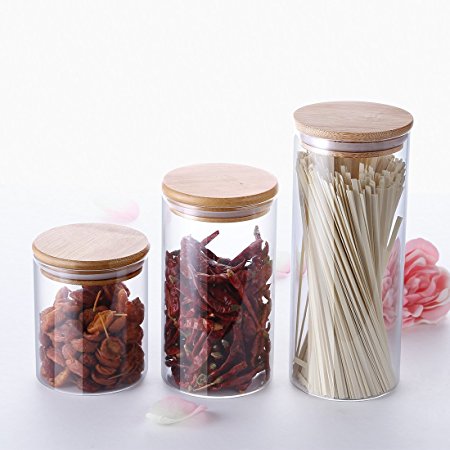 CENSUN Sets of 3 Borosilicate Glass Airtight Canister Food Storage Container Jar with Bamboo Lid (500ML+750ML+1000ML)