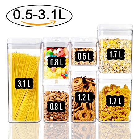 Food Storage Containers (7 Set Include 0.5L to 3L by PrettyCare) Plastic Containers Large Set with Lids for Flour and Sugar with White Interchangeable Easy Lock Lids and Bonus 12 Labels, BPA Free
