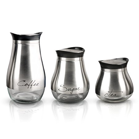 Cafe Silver and Glass Canister Set - 3 Food Storage Containers for Coffee (51 oz.), Tea (29oz.) and Sugar (34 oz.) - Modern Decorative Kitchen Craft