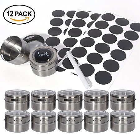 12 Pack Magnetic Spice Tins - Stainless Steel Magnetic Spice Rack Magnetic on Fridge Spice Jars Organizer Condiment Container Set for Herbs & Seasonings & with 48 Spice Labels & Pen (12, Silver)