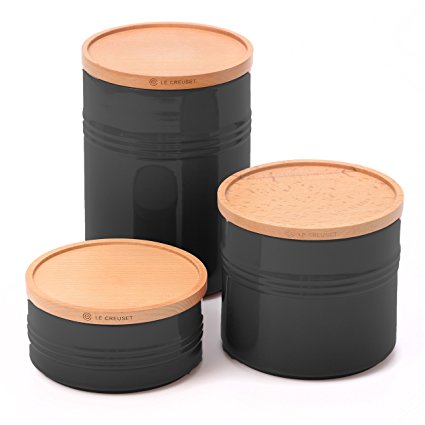 Le Creuset Black Stoneware 3 Piece Canister with Wooden Lid Set