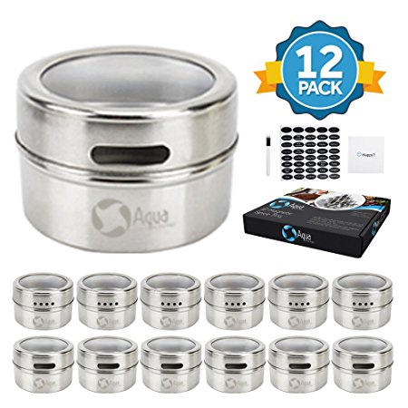 12 Premium Grade 304 Stainless Steel Magnetic Spice Tins with clear lids 150 Labels by Aqua Kitchen-Spice Tin Storage Containers, Kitchen Organizer, Attractable to Magnetic Spice Rack or Refrigerator