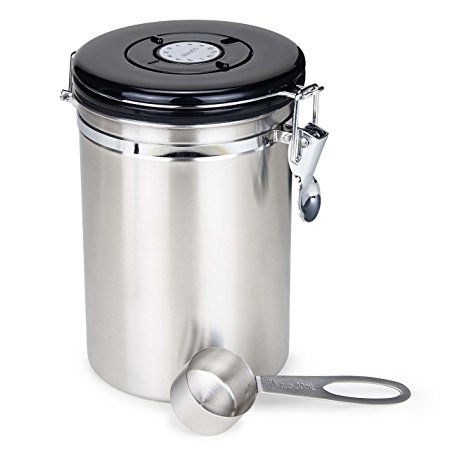 Moldiy Airtight Coffee Container, Stainless Steel Coffee Canister 21 oz with Scoop and CO2 Valve, Brushed Nickle Finshed