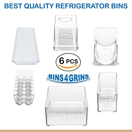 Stackable Bins Kitchen Storage Containers Refrigerator Organizer 6 pc Set Bins 4 Grins