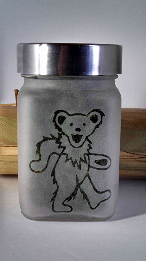 Twisted420Glass Dancing Bear Etched Glass Stash Jar Inspired By the Grateful Dead