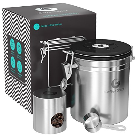 Coffee Gator Stainless Steel Container - Canister with co2 Valve, Scoop, eBook and Travel Jar – Medium, Silver