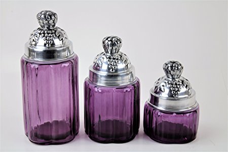 PURPLE 3PC SMALL CANISTERS SETS (GRAPE TOP, SILVER) FREE SALT & PEPPER