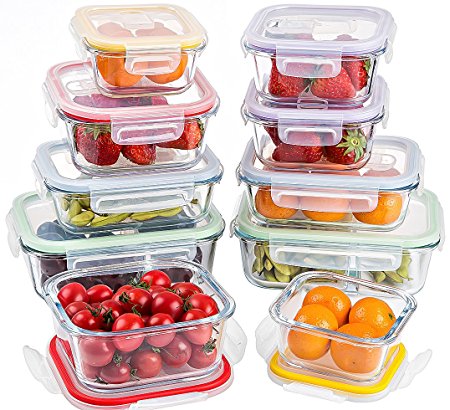 Jalousie 20 Pieces NEW Borosilicate Glass Food Storage Meal Saver Containers with vented Locking Lids BPA Free Airtight Oven Freezer Dishwasher and Microwave Safe Airtight Reusable Food Container Set