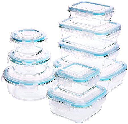 Glass Food Storage Container Set - 18 Pieces (9 Containers + 9 Lids) Transparent Lids - BPA Free - For Home Kitchen or Restaurant - by Utopia Kitchen