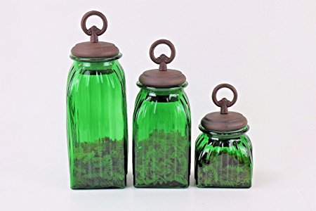 GREEN 3 PC. GLASS CANISTERS SET (RING, COPPER) FREE SALT & PEPPER