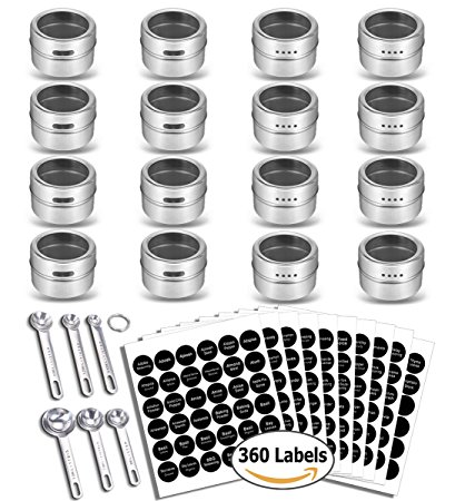 SWOMMOLY 16 Magnetic Spice Tins, 360 PVC Spice Labels, 6 Stainless Steel Measuring Spoons and Recipes E-Book by Round Design with Clear Top Lid and Soft/Pour Option - Great Storage Jars for Spices