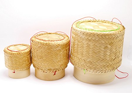 White Orchid Sticky Rice Bamboo Basket Thai Laos Traditional Handmade to Keep Sticky Rice Warm (set 3 size S M L)