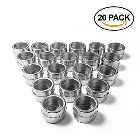 Strova Magnetic Spice Tins (20-Piece Set) Dual-Purpose Sift and Pour Holes | Round, Stainless Steel Cans w/Transparent Shaker Tops | Incl. 150 Pre-Printed Sticker Labels
