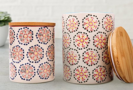 Kitchen Canister Set 2 Stoneware Jars for Tea, Coffee, Sugar, Vintage Embossed Floral Pattern, Gift for Women