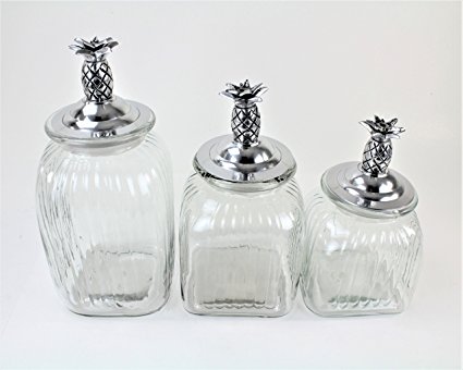 CLEAR 3PC. LARGE GLASS CANISTERS SET (PINEAPPLE, SILVER)FREE SALT & PEPPER