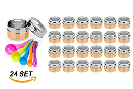 Stainless Steel Magnetic Spice Jars – Bonus Measuring Spoon Set – Airtight Kitchen Storage Containers – Stack on Fridge to Save Counter & Cupboard Space – 24pc Organizers in Gold